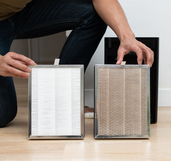 side by side comparison of a new air filter and a used air filter